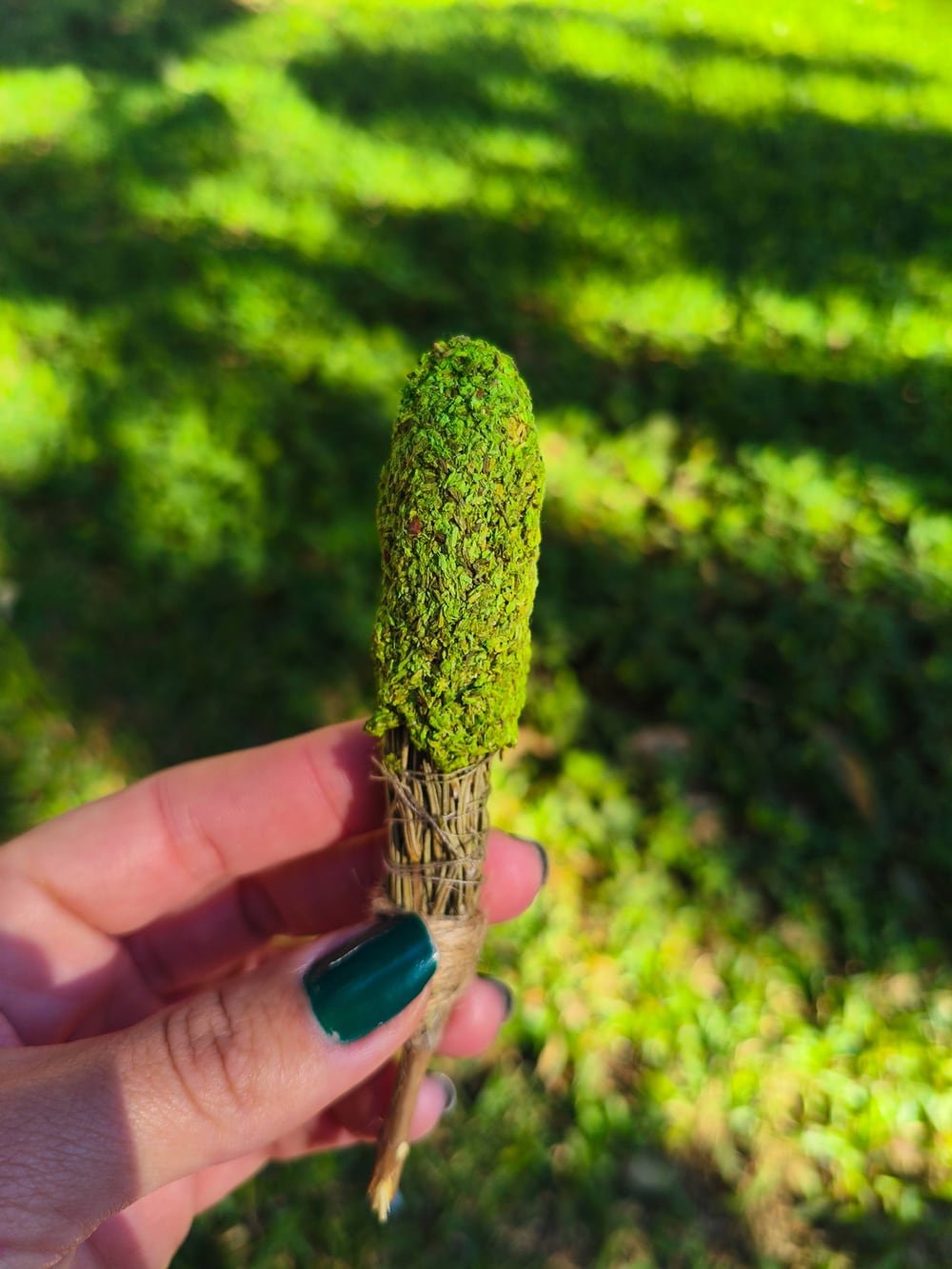 Mão segurando um stick de ervas trançadas da Verdejá ao ar livre